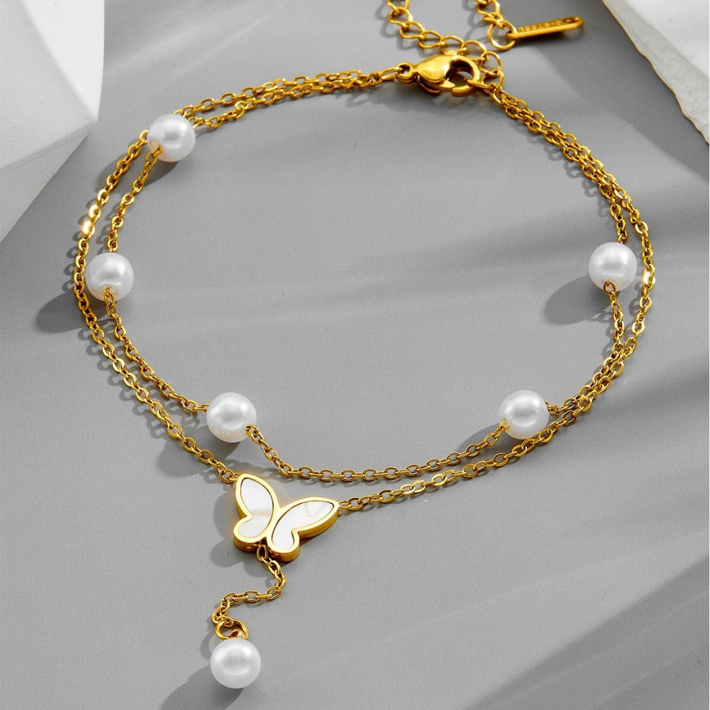 Light luxury multi-layer stacked pearl butterfly tassel titanium steel anklet