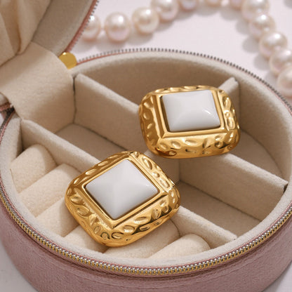 18K gold arc-shaped square inlaid gemstones with exquisite design and noble earrings