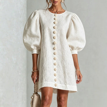 Puff Sleeve Mini Dress | Button-Front A-Line | Lantern Sleeve Resort Dress