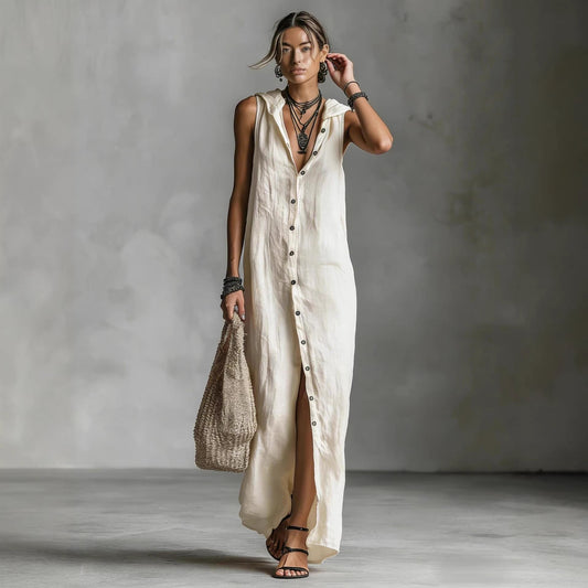 Women's Sleeveless Deep V-Neck Hooded Loose Maxi Dress – 6 Colors XS–3XL