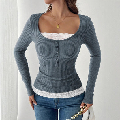 Lace Panel Single Button Slim Fit Long Sleeve Top – Round Neck