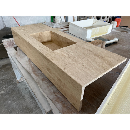 Travertine Beige Handcrafted Custom Bathroom Vanity Sink - Vein-Cut Natural Stone