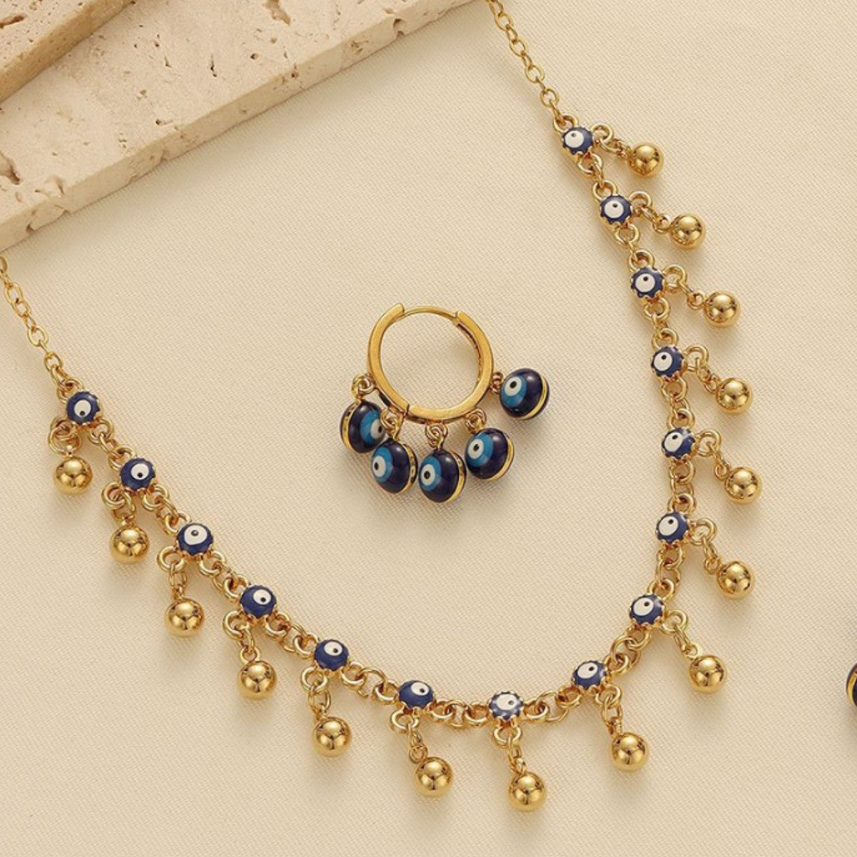 Bohemian Blue Evil Eye Tassel Necklace, Bracelet and Earring Set