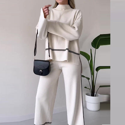Women’s Solid Color Casual Two-Piece Set – Loose Top & Bootcut Pants Suit