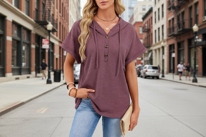 Women's Waffle Knit Hooded Short-Sleeve Top – Drawstring Button Pullover
