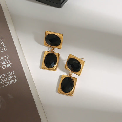 18k gold rectangular inlaid oval gemstone design trendy and unique earrings