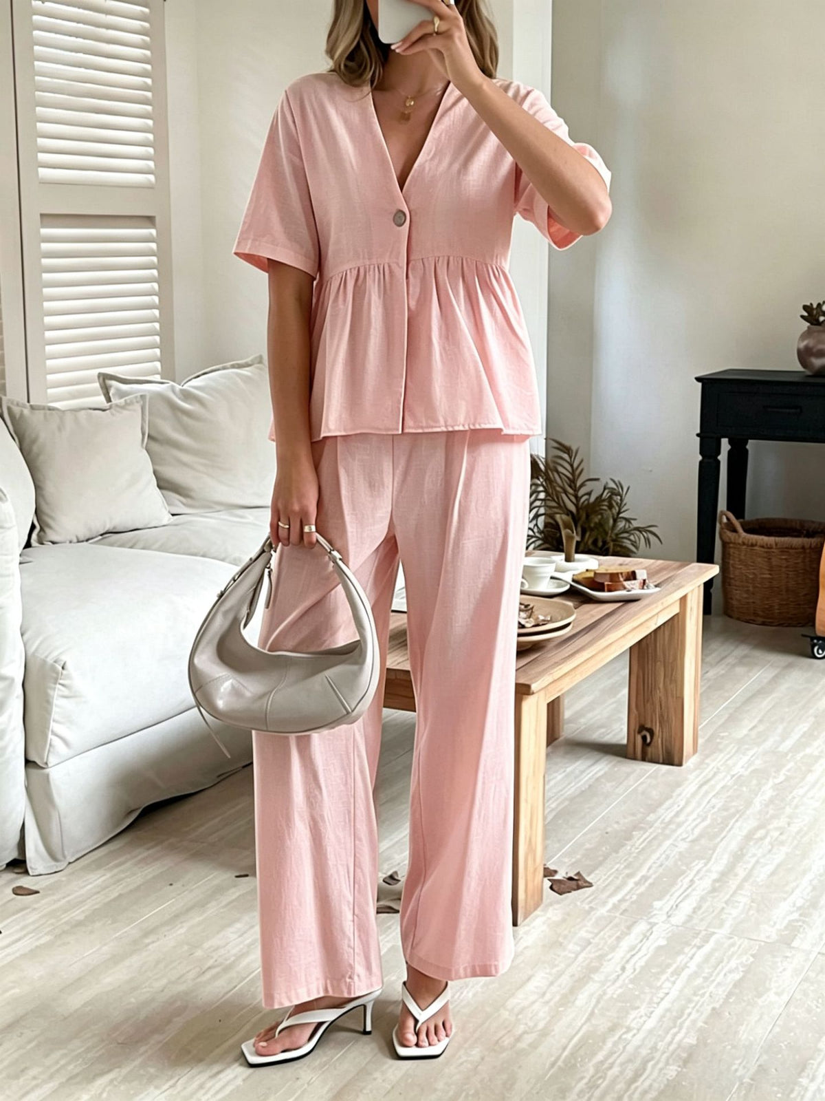 Women's V-Neck Loose Short-Sleeve Top & Wide-Leg Pants Set