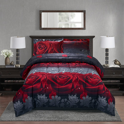 Closeout - 3D Print Red Rose Love All Season Comforter Set-Y28