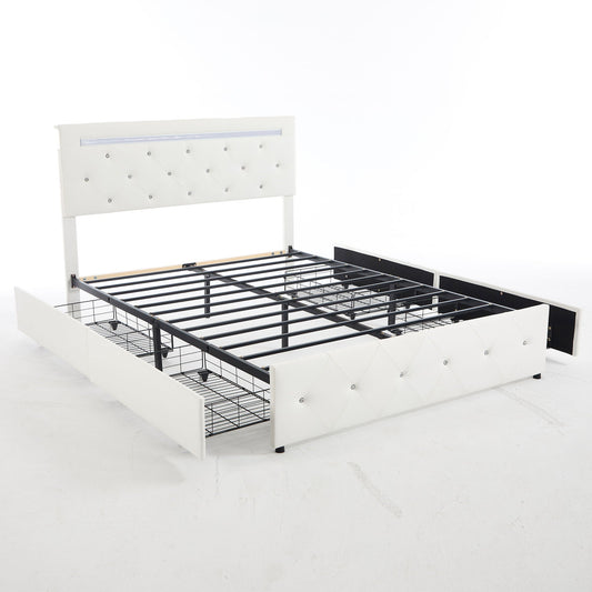 Upholstered Bed Frame With LED Lights, 4 Storage Drawers, Charging Station