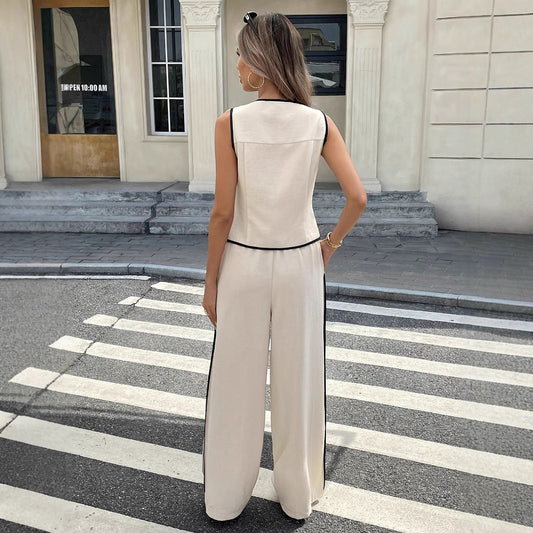 Women's Contrast Color Sleeveless Vest & Drawstring Trousers Suit – 6 Colors S–XXL