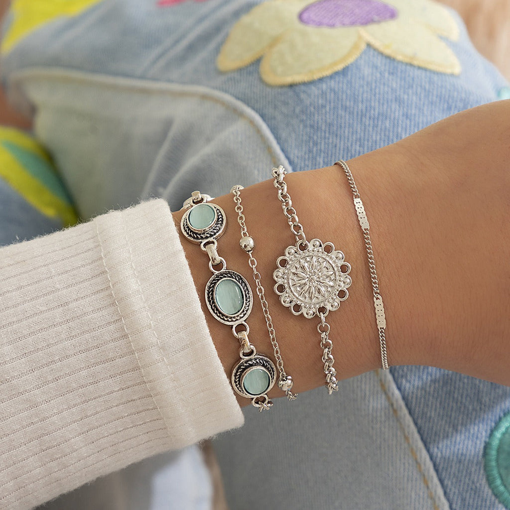 Ethnic style flower disc cat's eye gold retro bracelet