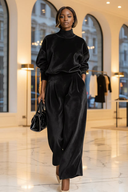 Women's Mock Turtleneck Balloon Sleeve Top & Pleated Wide-Leg Trousers Set