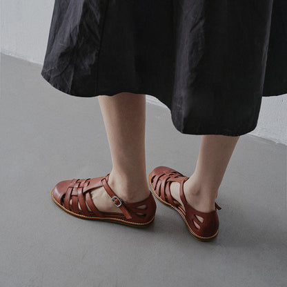 Women's Washed Full Grain Leather Fisherman Sandals – Closed-Toe Woven T-Strap