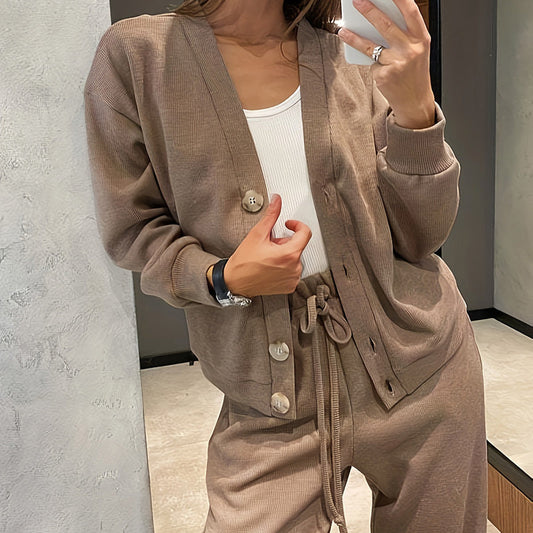 Casual Knit Cardigan With Pocket & Drawstring Lounge Pants
