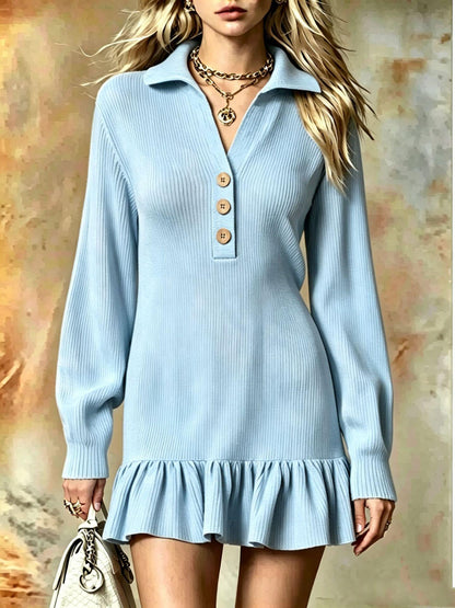 Ribbed Knit Polo Dress | Ruffle Hem Mini | Button-Neck Long Sleeve Dress