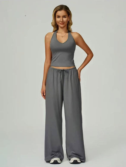 Women's Sporty Crop Tank & Wide-Leg Pants Set