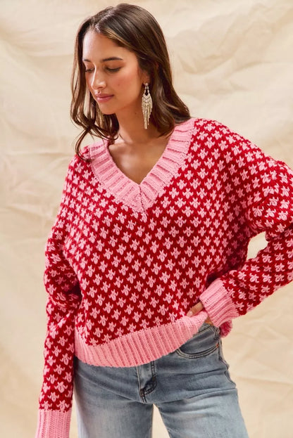 SO ME Color Block Textured Christmas Sweater V Neck Top