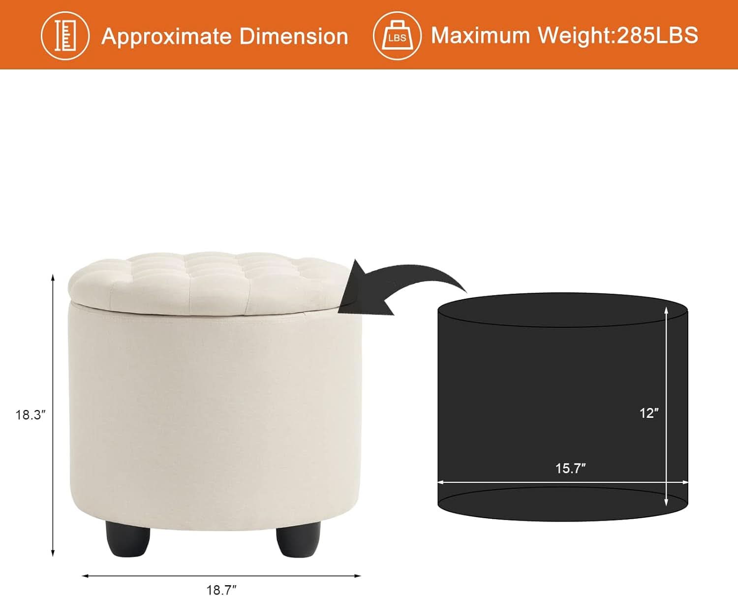 Beige Round Storage Ottoman Featuring Removable Lid