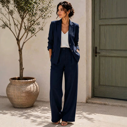 Women's Linen-Look Oversized Double-Breasted Blazer & Wide-Leg Pleated Trouser Suit Set