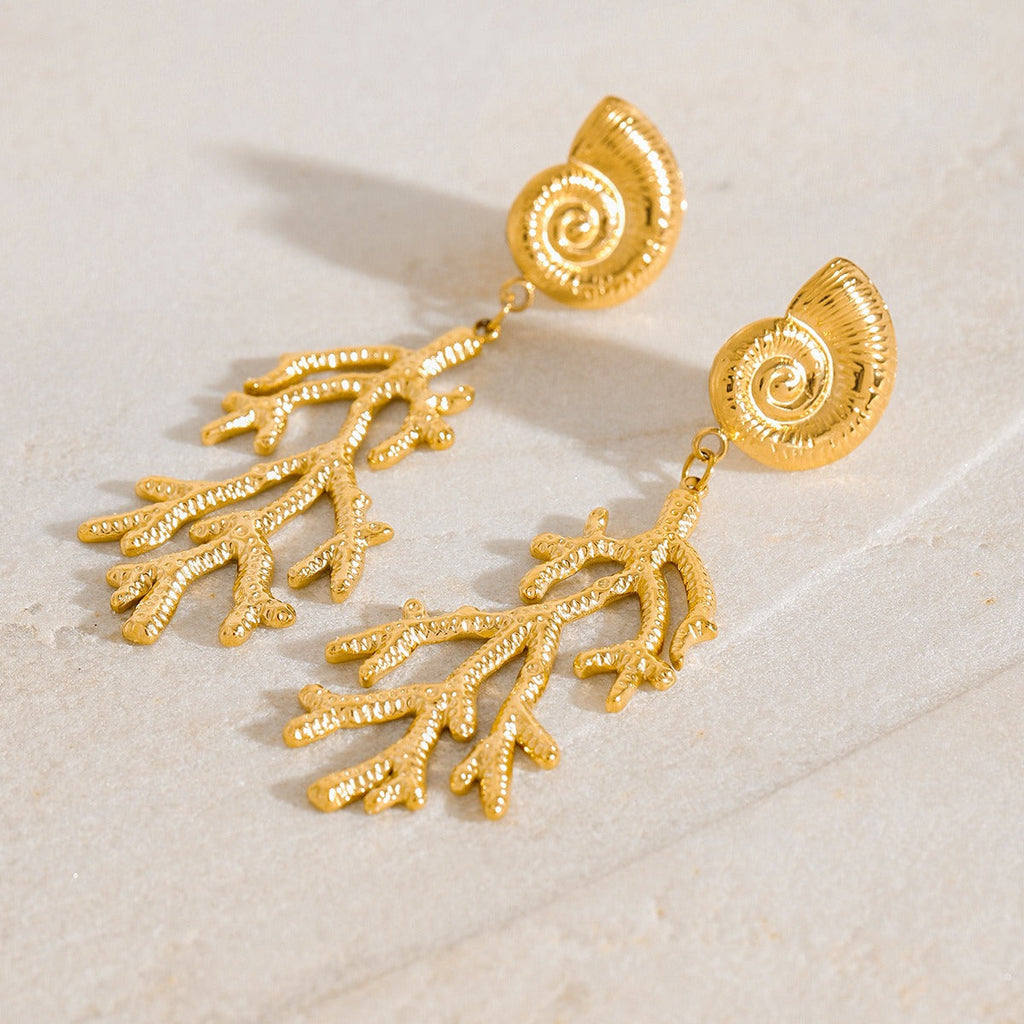 18K gold conch shell with coral design unique and noble earrings