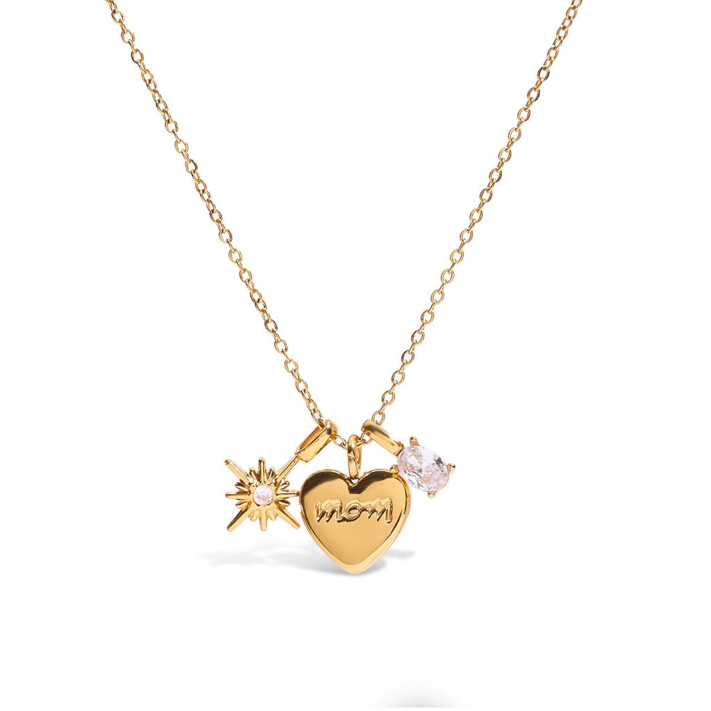 18K gold heart shape with "MOM" design exquisite and dazzling necklace
