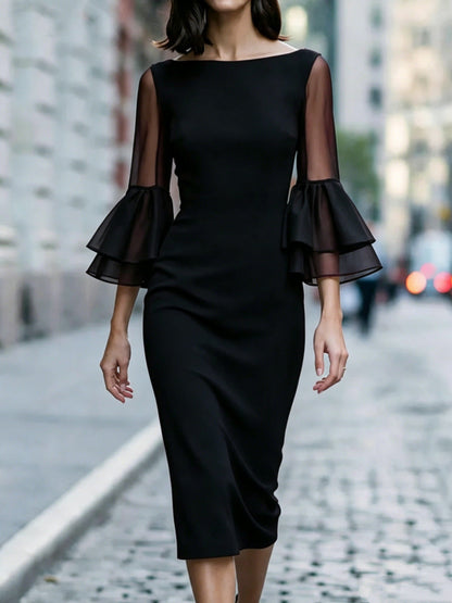 Mesh Sleeve Double Ruffle Cuff Midi Sheath Dress