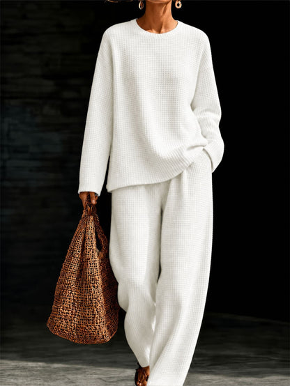Women's Waffle Knit Oversized Crew-Neck Pullover & Relaxed Wide-Leg Trouser Lounge Co-ord Set