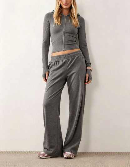 Women's Cropped Zip-Up Hoodie & Wide-Leg Pants Set