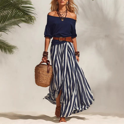 Women's One-Shoulder Bubble Sleeve Top & Stripe Skirt 2-Piece Set