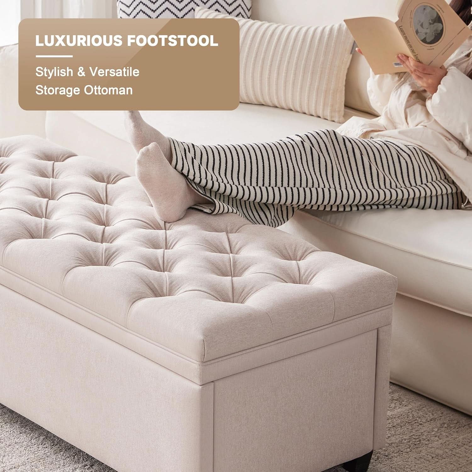 50 Inch Beige Tufted Storage Ottoman Bench Upholstered