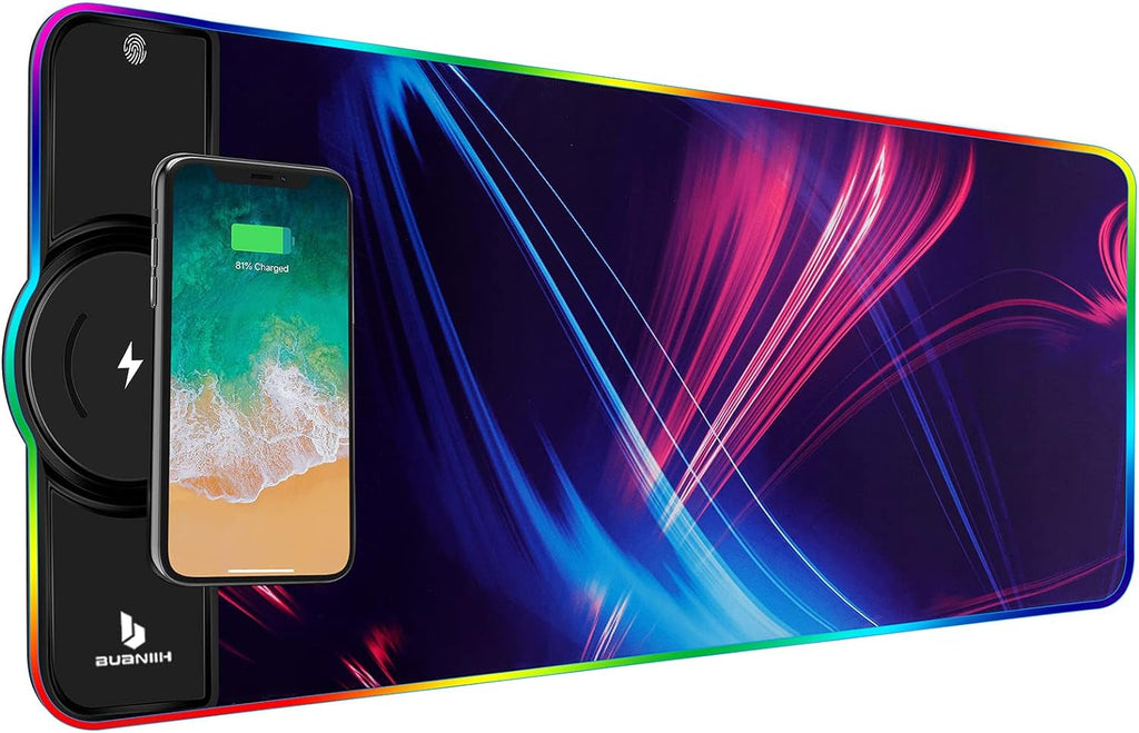 RGB Gaming Mouse Pad with 15W Wireless Charging, Extended Desk Mat 31.5 x 11.8 Inch, LED Mouse Pad with 10 Lighting Modes, Non-Slip Base for Keyboard, Mouse