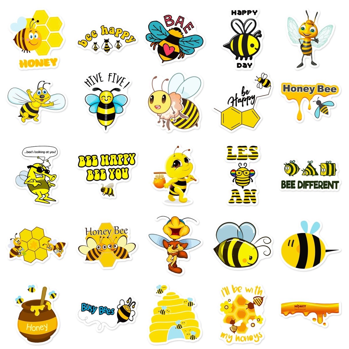 Honey Bee Vinyl Stickers – 50 Waterproof, Non-Duplicate Set