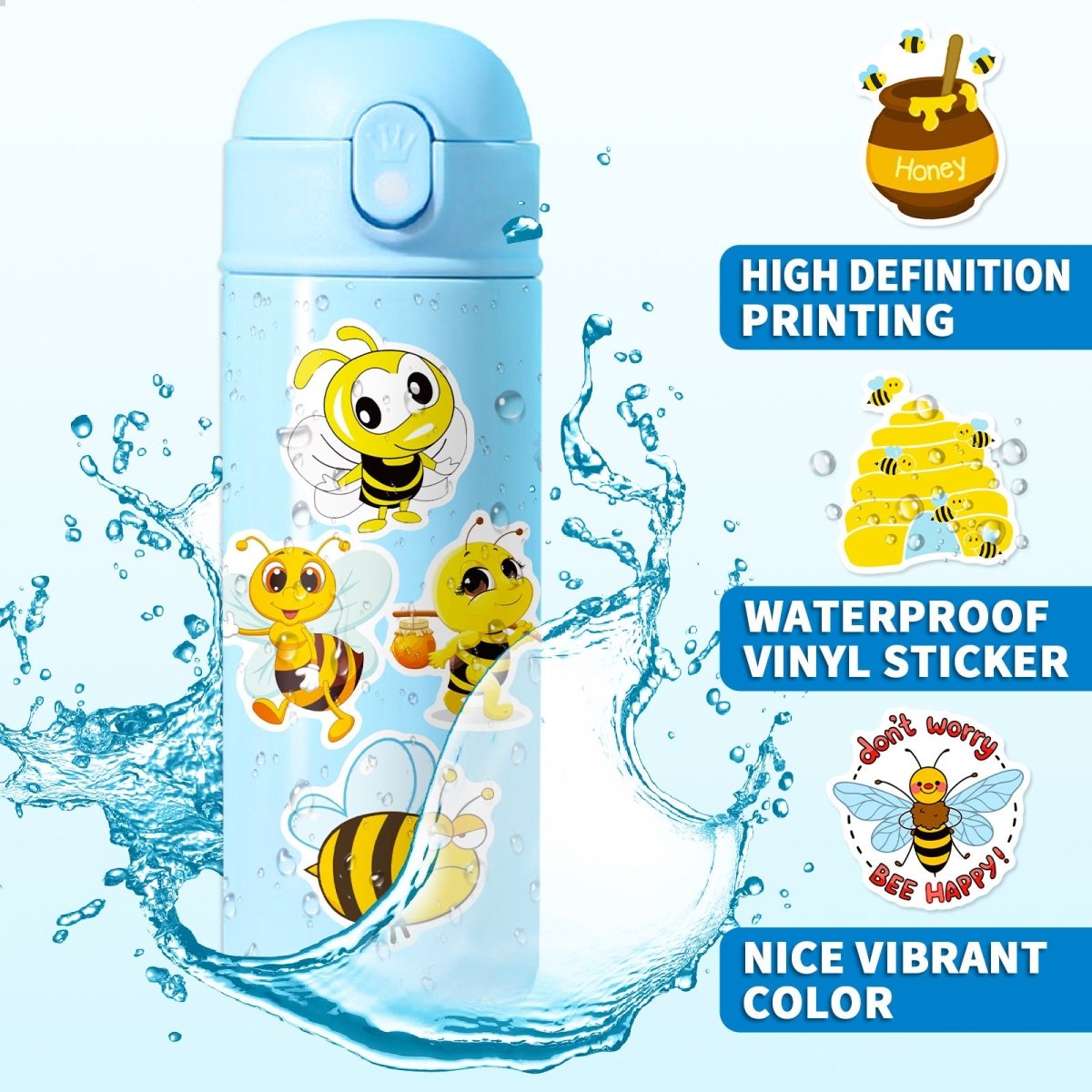 Honey Bee Vinyl Stickers – 50 Waterproof, Non-Duplicate Set