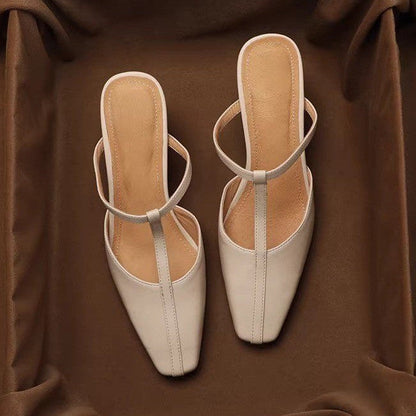 Women's French Vintage Square Toe Block Heel Mule Sandals – T-Strap