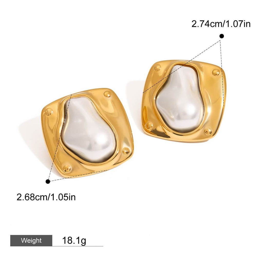 18K gold geometric square inlaid irregular pearls exquisite design dazzling earrings