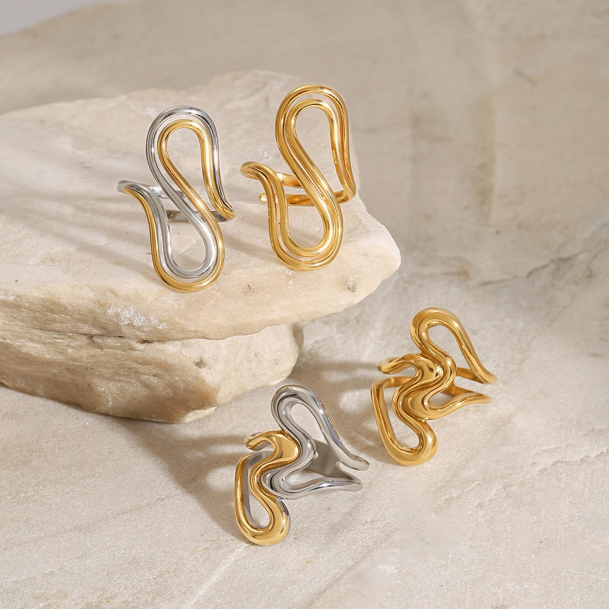 18K gold irregular lines with gold and silver color matching design unique personality ring