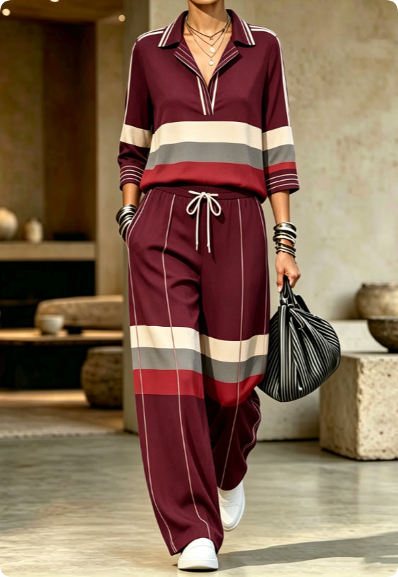 Women's V-Neck Lapel Printed Raglan Three-Quarter Sleeve Cropped Top & Wide-Leg Drawstring Trouser Set