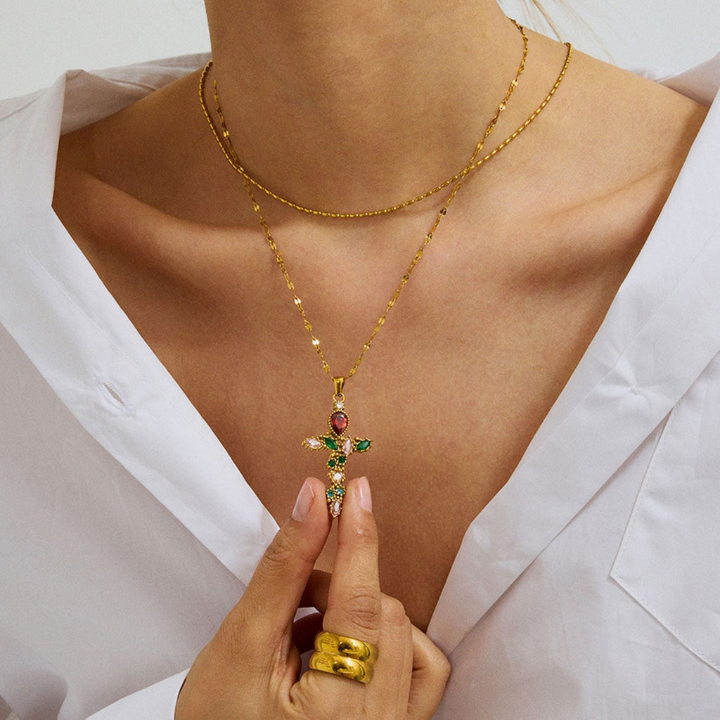 18K Gold Cross Inlaid Gemstone Design Exquisite Fashion Necklace