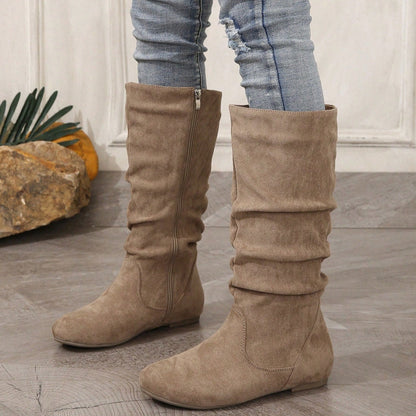 Women's Mid-Calf Leather Boots – Flat Heel Side Zip