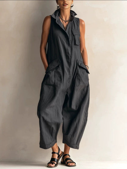 Women's Cotton Sleeveless Cargo Jumpsuit – Wide Leg Multi-Pocket