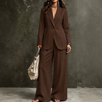 Women's Linen-Look Single-Button Blazer & Wide-Leg Trouser Suit Set