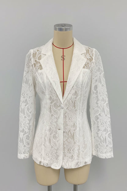 Sheer Floral Lace Blazer | Deep V Notched Lapel Single Button
