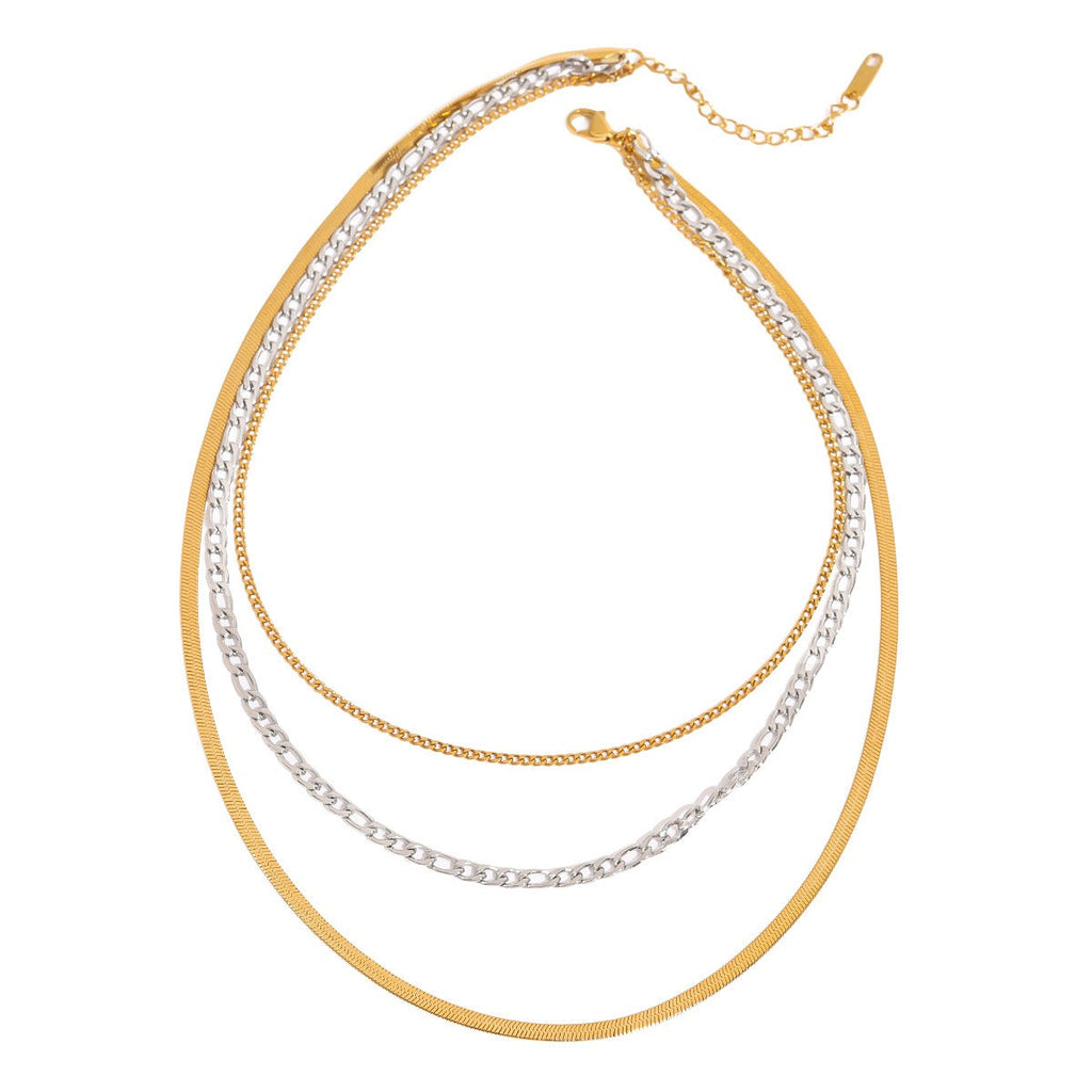 18K gold multi-layer chain with gold and silver color matching design simple personality necklace