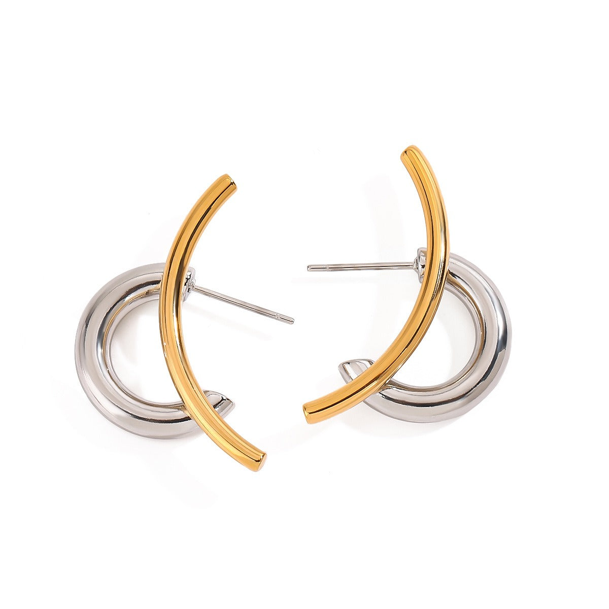 18K gold double C-shaped earrings with gold and silver color matching design, trendy and personalized