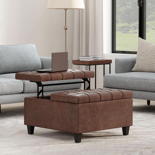 Storage Ottoman 30 Inch Distressed Saddle Brown Leatherette