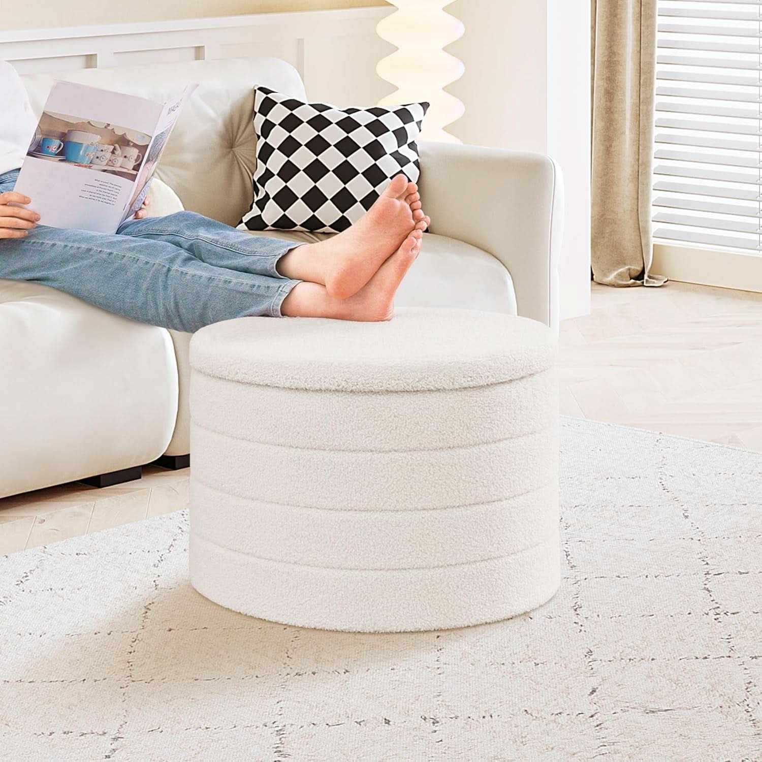 White Round Storage Ottoman Ultra Durable Cozy Elegant
