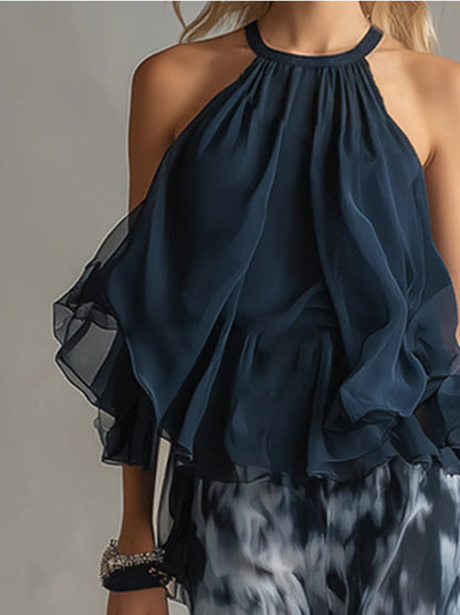 Women's Navy Ruffled Halter Top & Abstract-Print Palazzo Pants Set