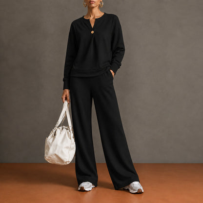 Women's Single-Button Split-Neck Sweatshirt & Wide-Leg Pants Set