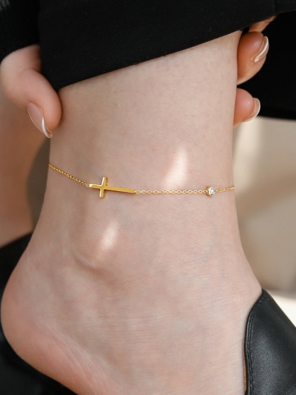 High-end 18K gold-plated cross crystal anklet