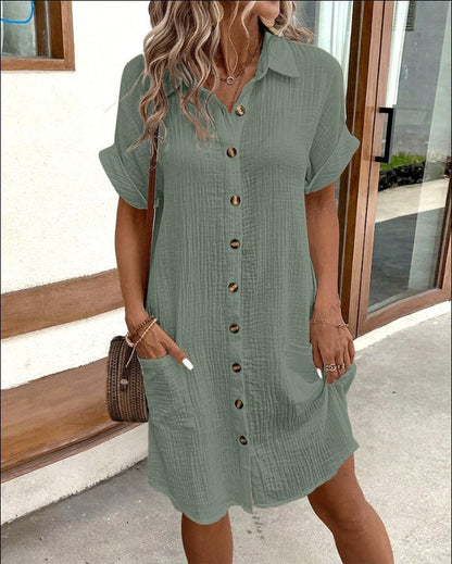 Women's Casual Loose Short-Sleeve Midi Shirt Dress – Button-Down